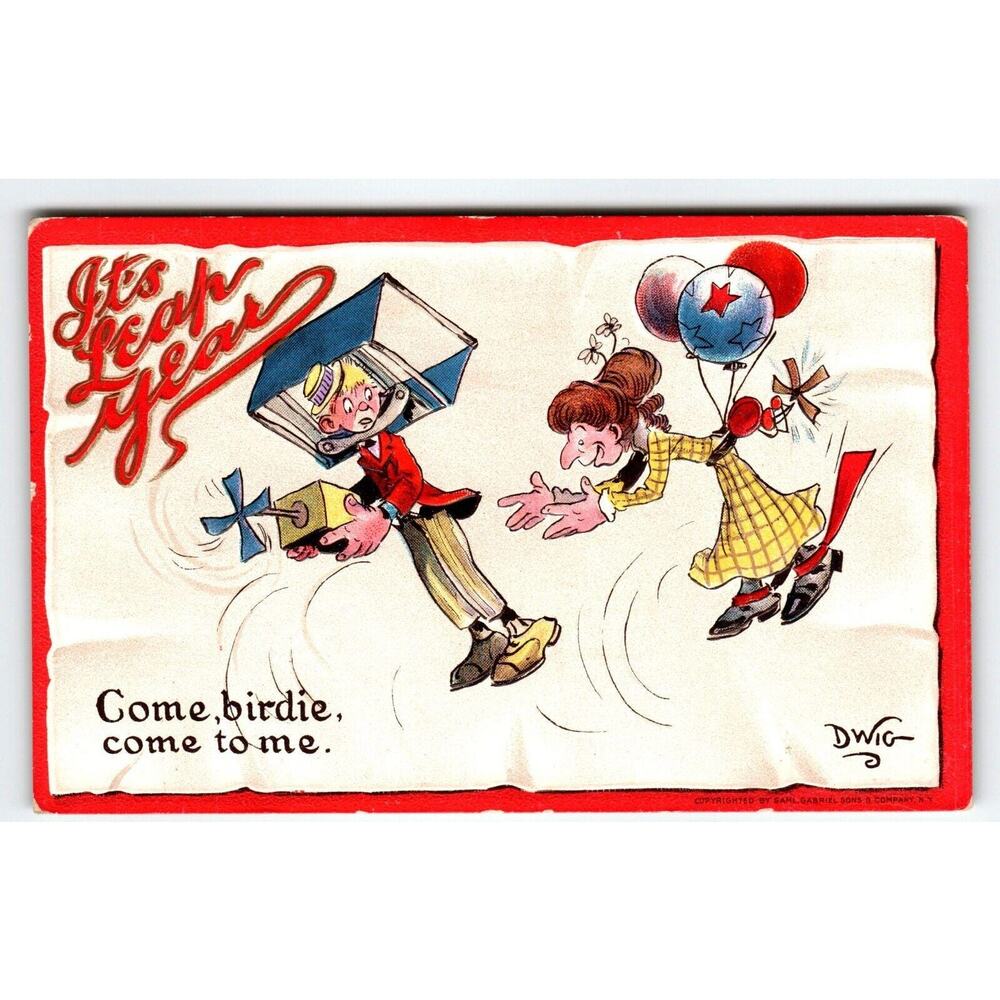 It's Leap New Year Postcard Dwig Man Women Flying High Comical 1910s Gabriel 401